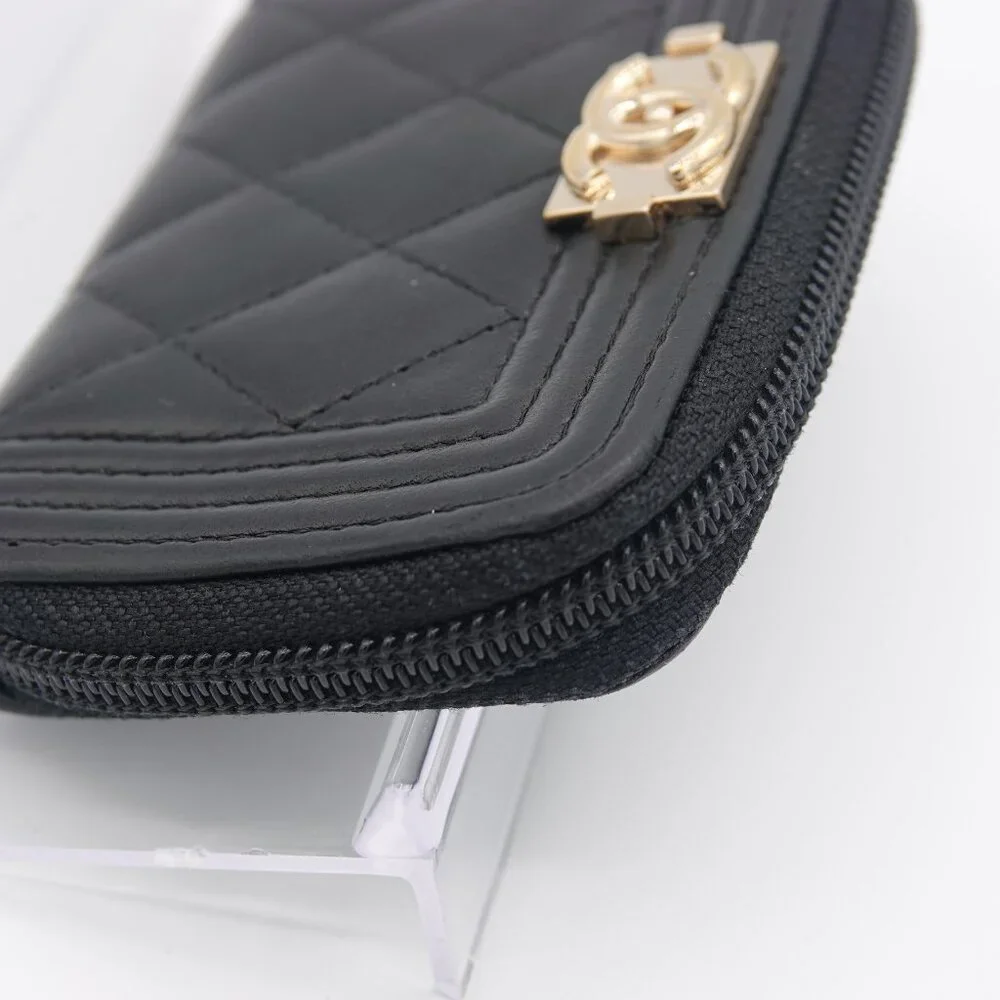 Chanel Boy Zip Around Coin Purse Wallet Lambskin Black